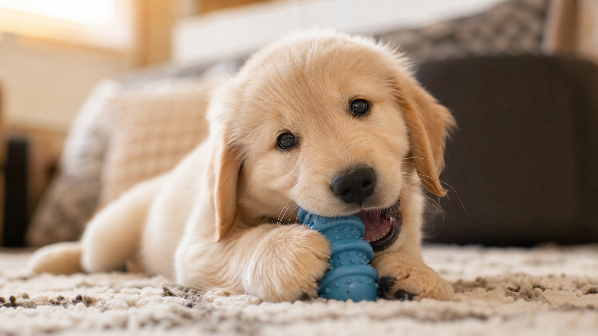 A puppy chewing a toy
