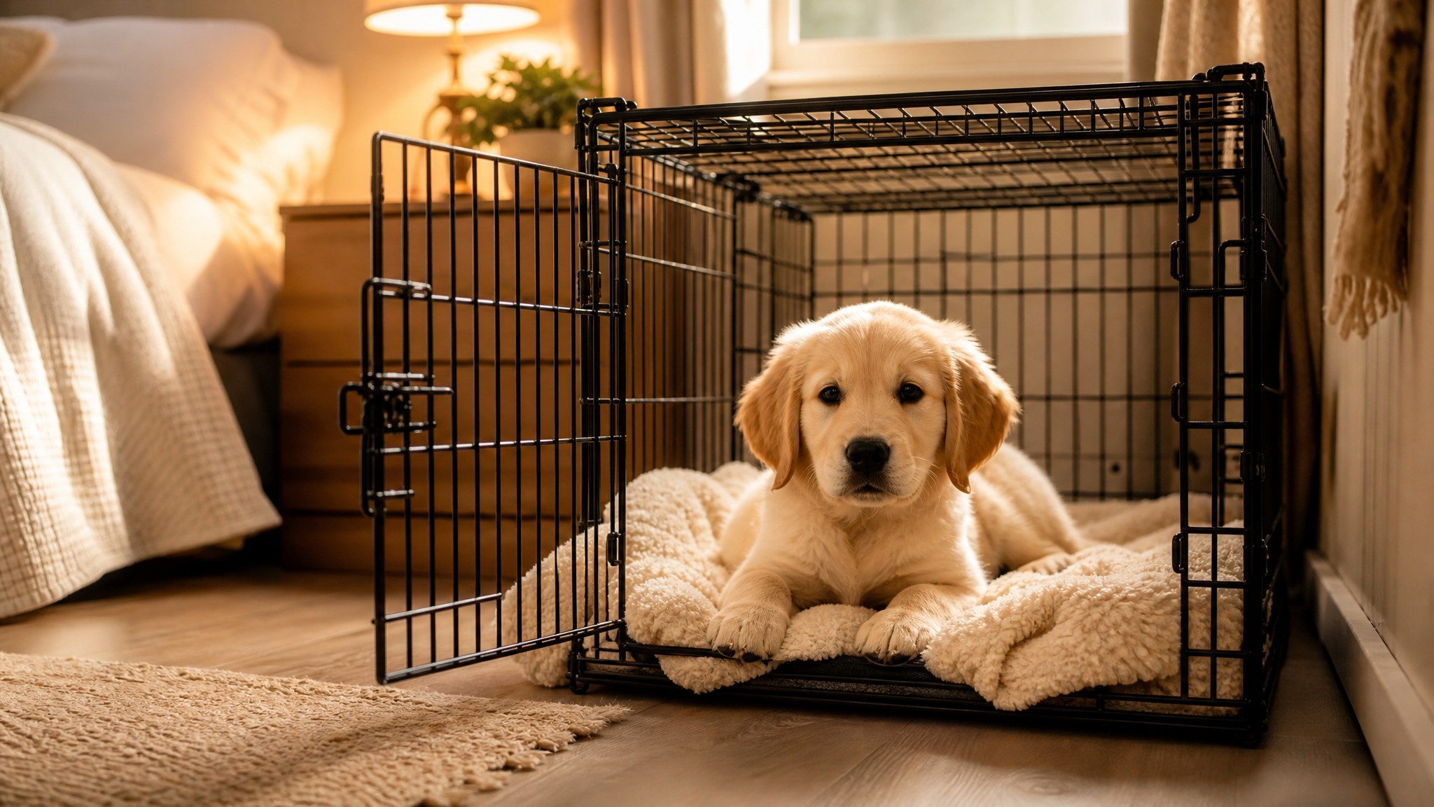 A puppy resting in an open crate