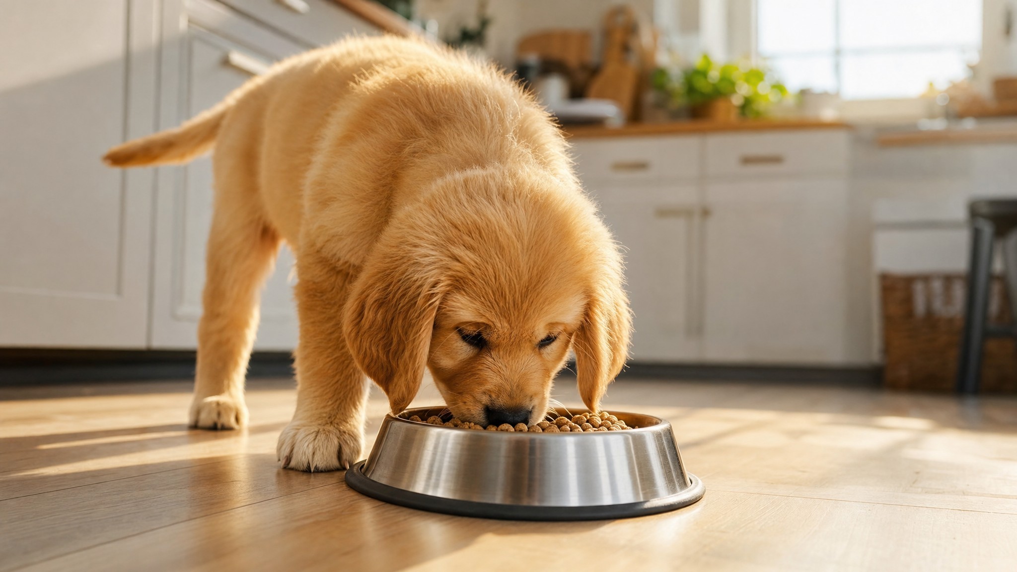 A puppy eating from a bowl