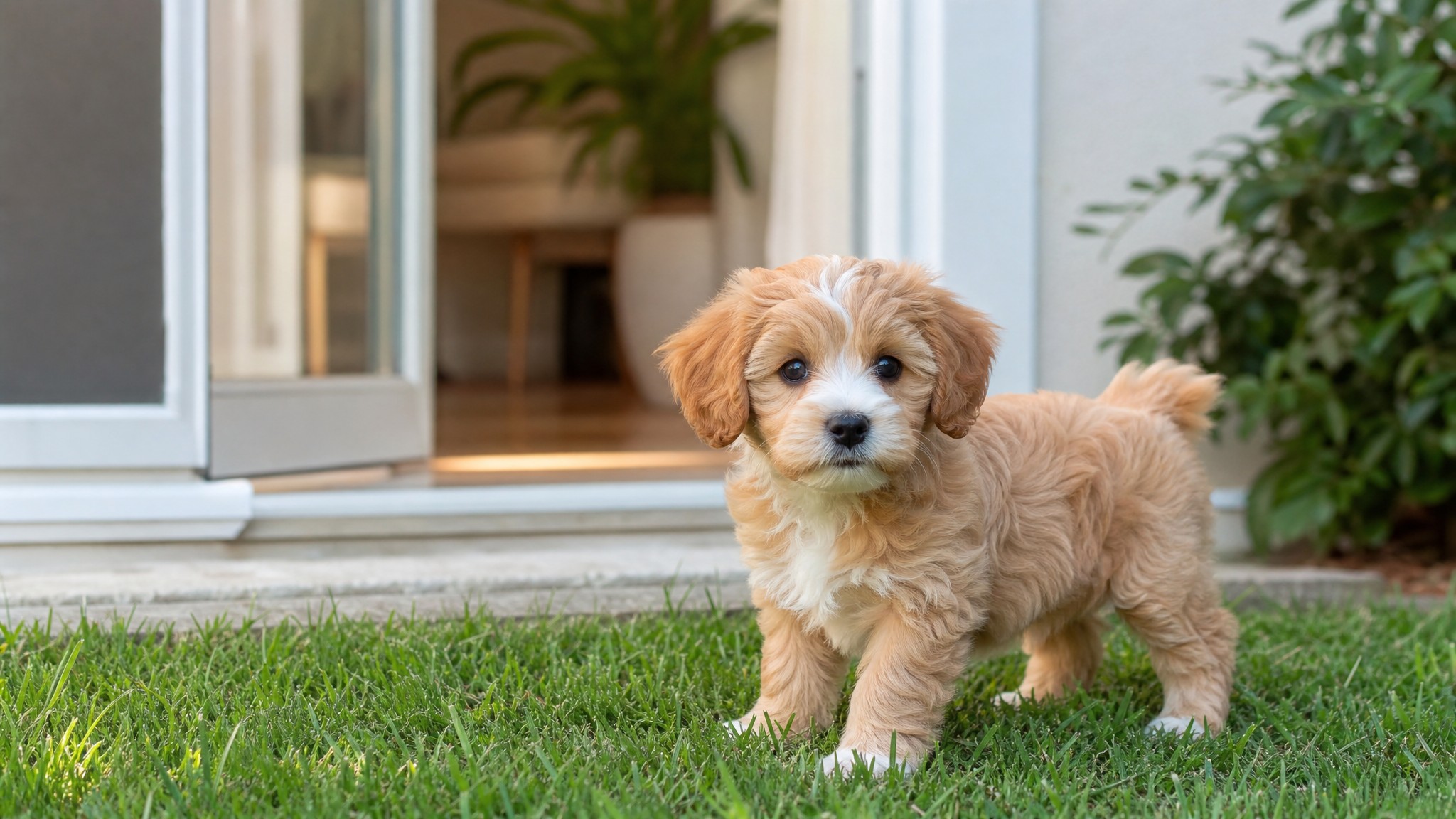 A puppy on grass near a back door