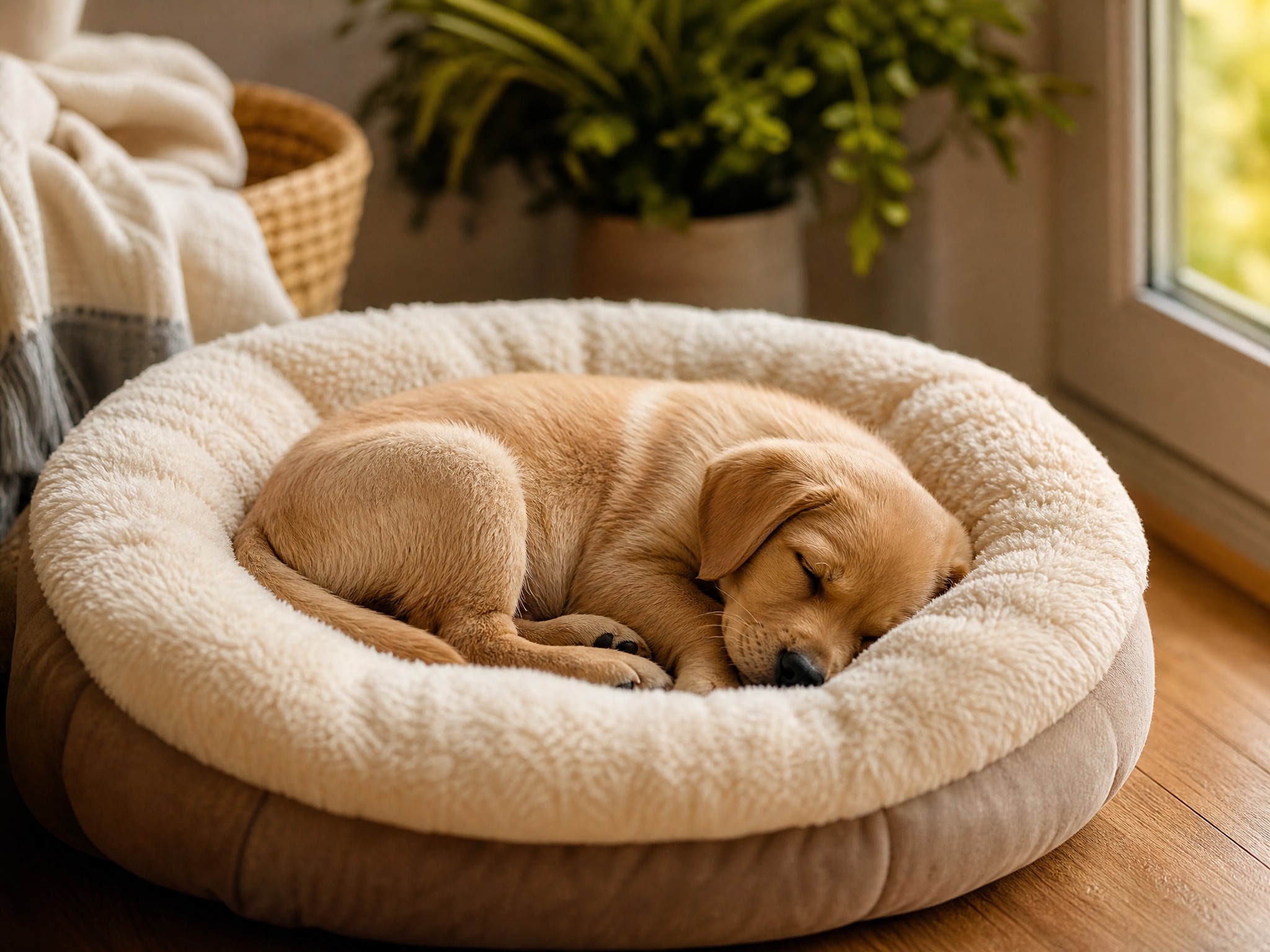 A puppy asleep in a cozy bed
